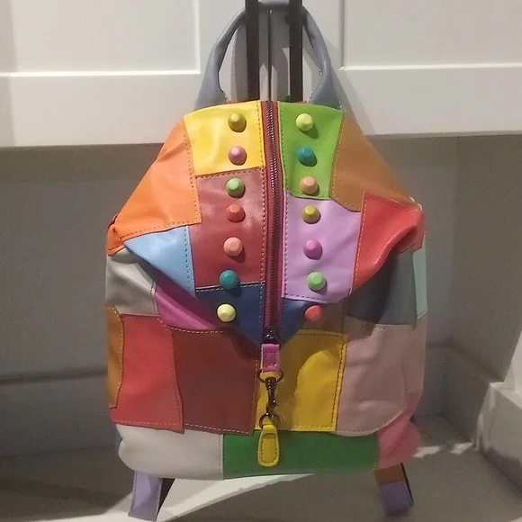 Boho Multicolor Patchwork Leather Backpack | Colorful Festival Cottagecore Y2K - Picture 9 of 16